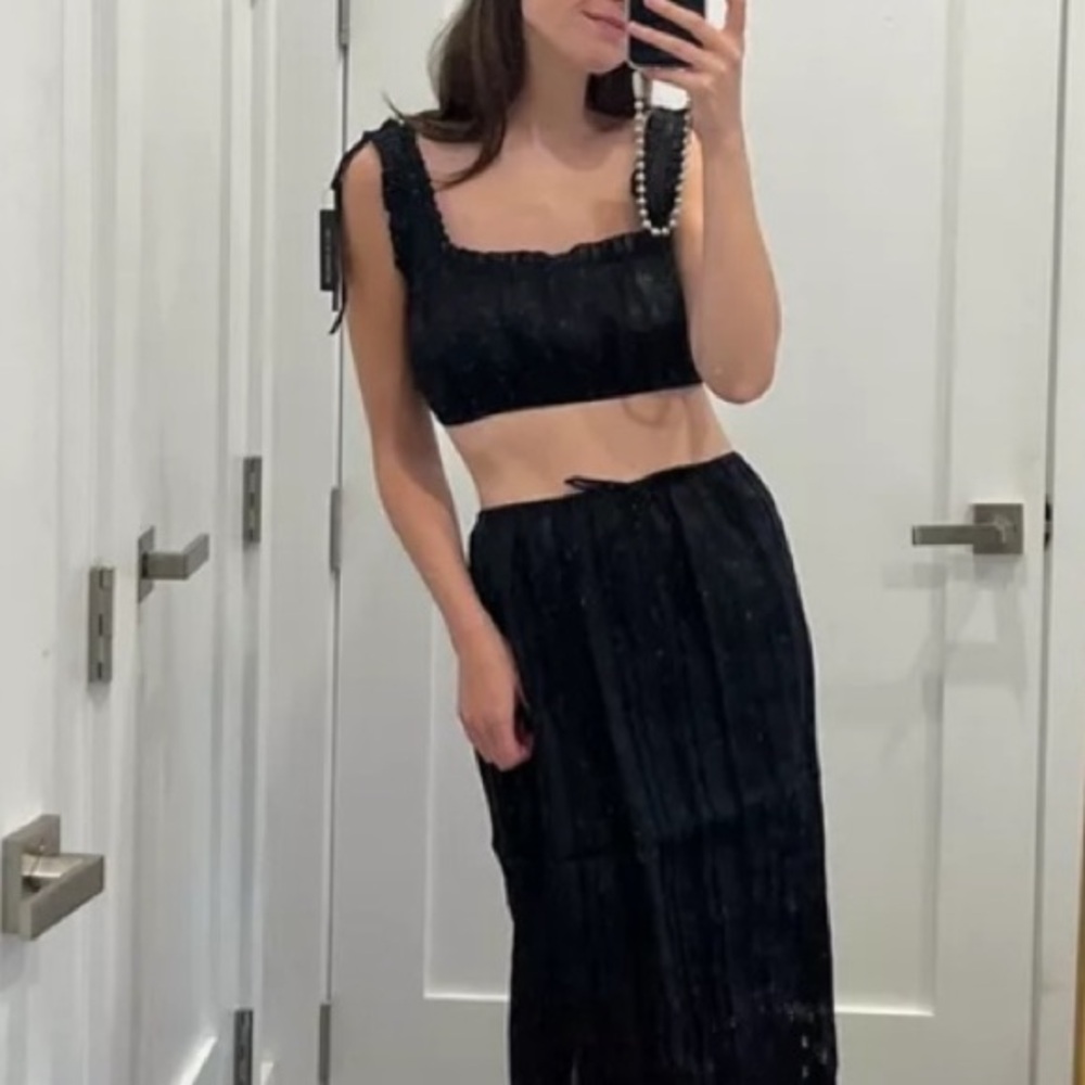 NWT Doen Renee Ramie Pintuck Ruffle Sleeveless Tie Crop Blouse Top Black - Picture 4 of 11